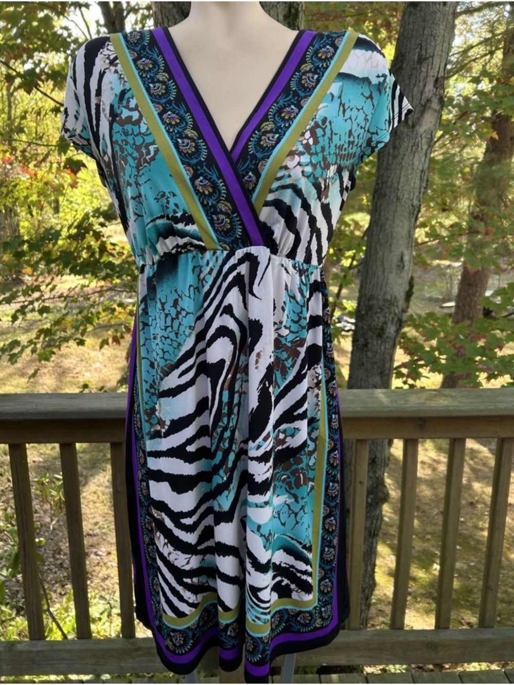 Beautiful Teal, Black & White V-Neck Zebra Print Dress with Purple Trim
